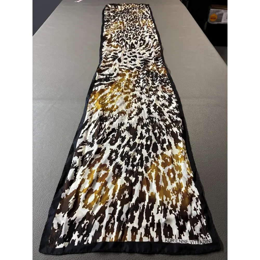 Adrienne Vittadini Silk Scarf | Brown Black Gold Ivory | 51 x 11 Inches